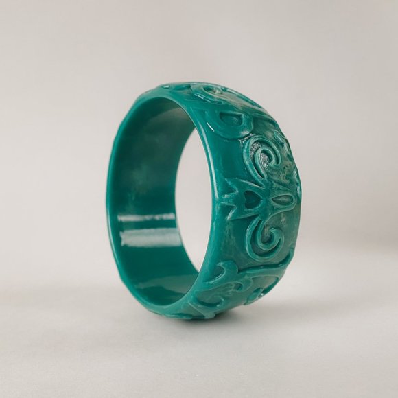 Vintage Acrylic Chunky Teal Green Faux Marble Art Nouveau Wide Bangle Bracelet - Picture 3 of 11